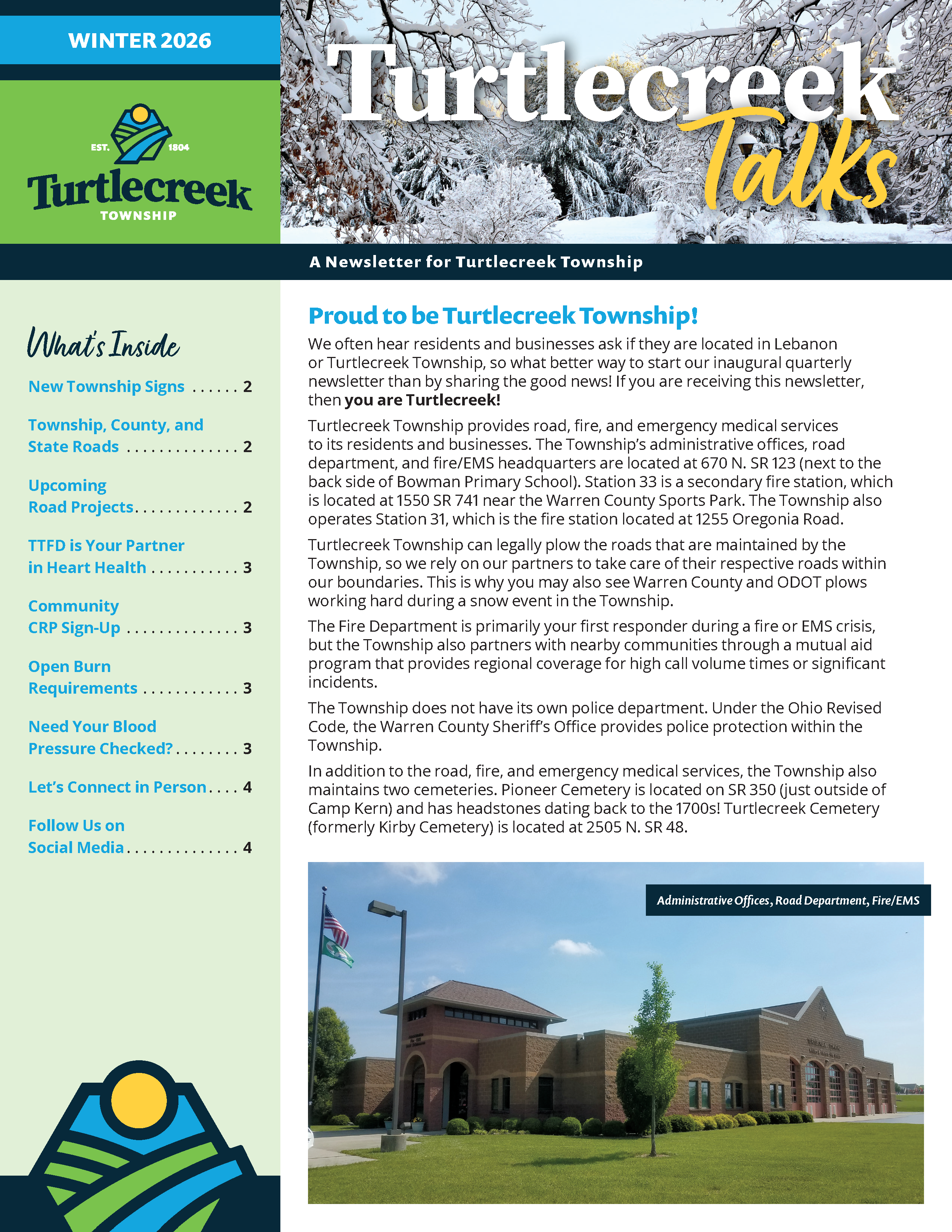 Full color cover of a township newsletter with a snowy winter tree graphic behind the header and a picture of the township's offices, which are brown brick, in a green field.